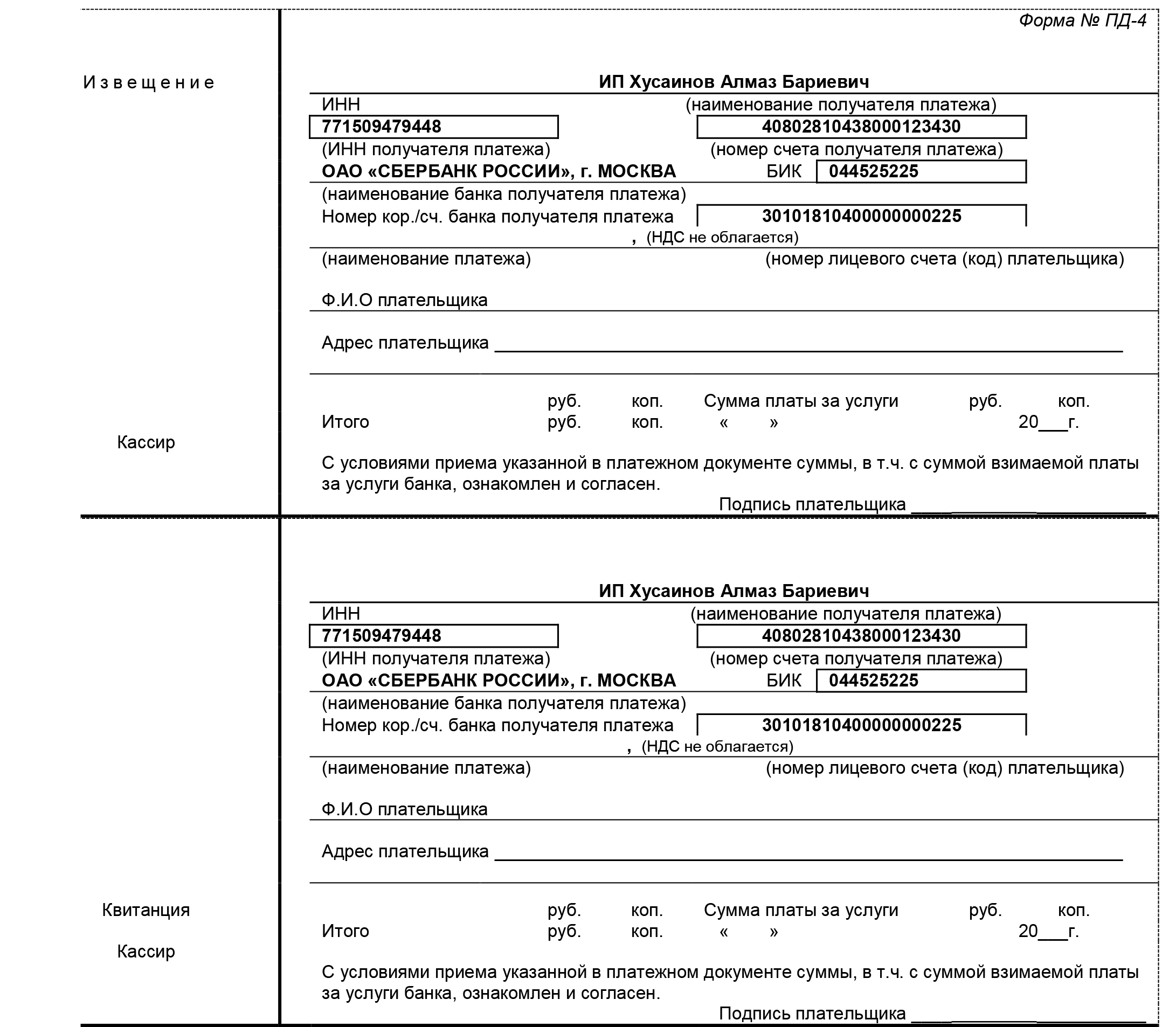Образцы квитанций об оплате для физических лиц форма пд 4